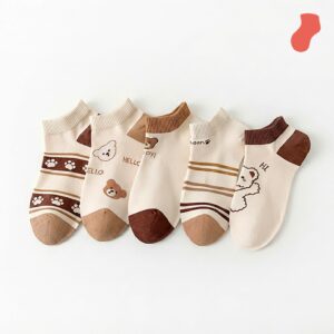 Hello Teddy Bear Ankle Socks – Beige