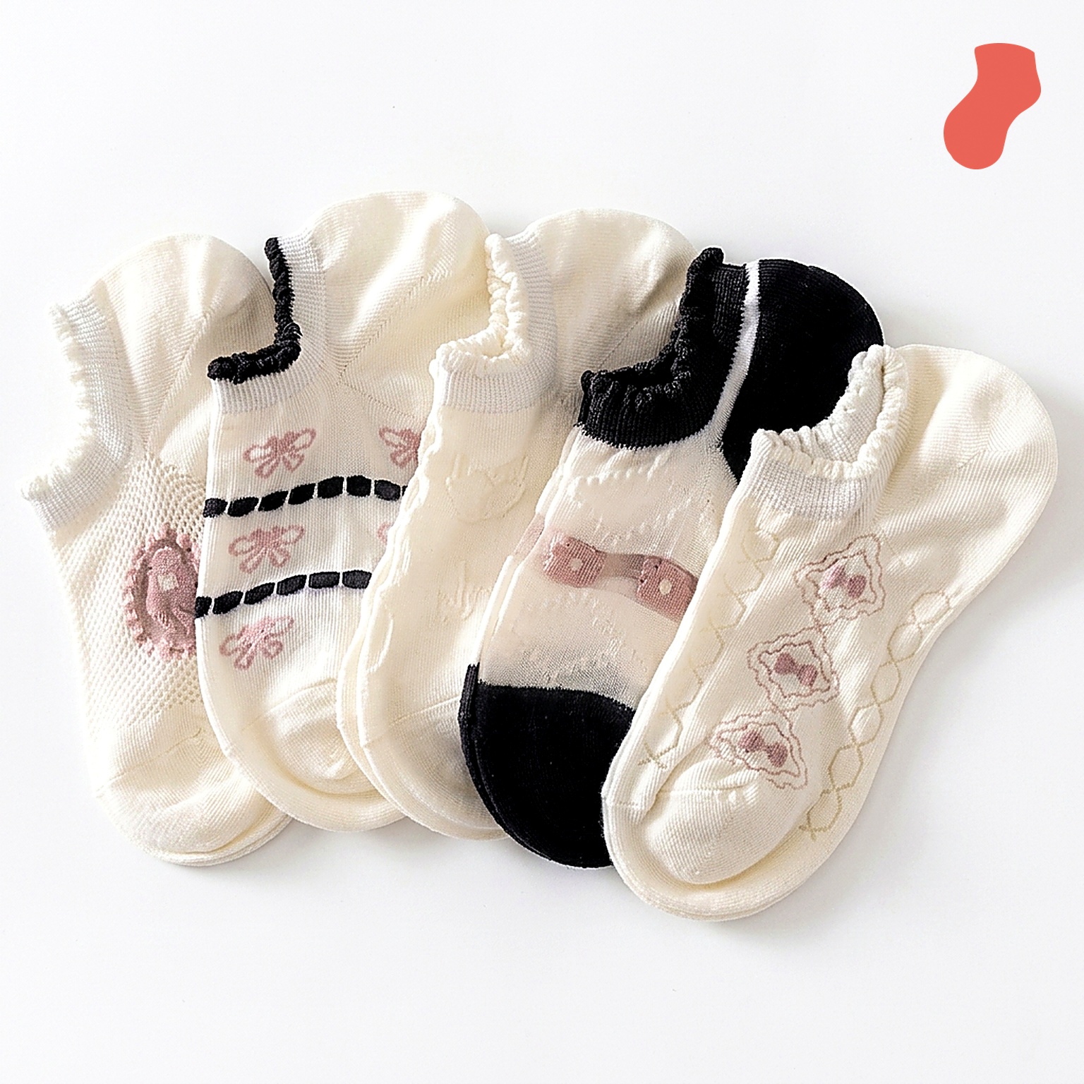 Black & White Rose Print No-Show Socks