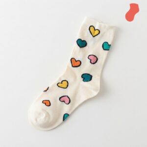 Long cream socks with colorful hearts print